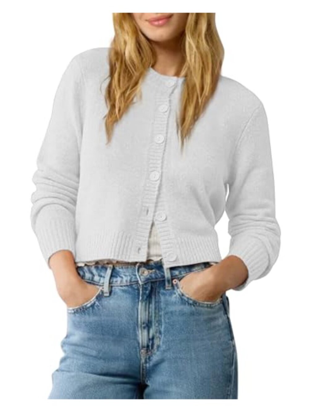 Crew Neck Cropped Cardigan Sweater Long Sleeve Open Front Button Down Shrug Knit